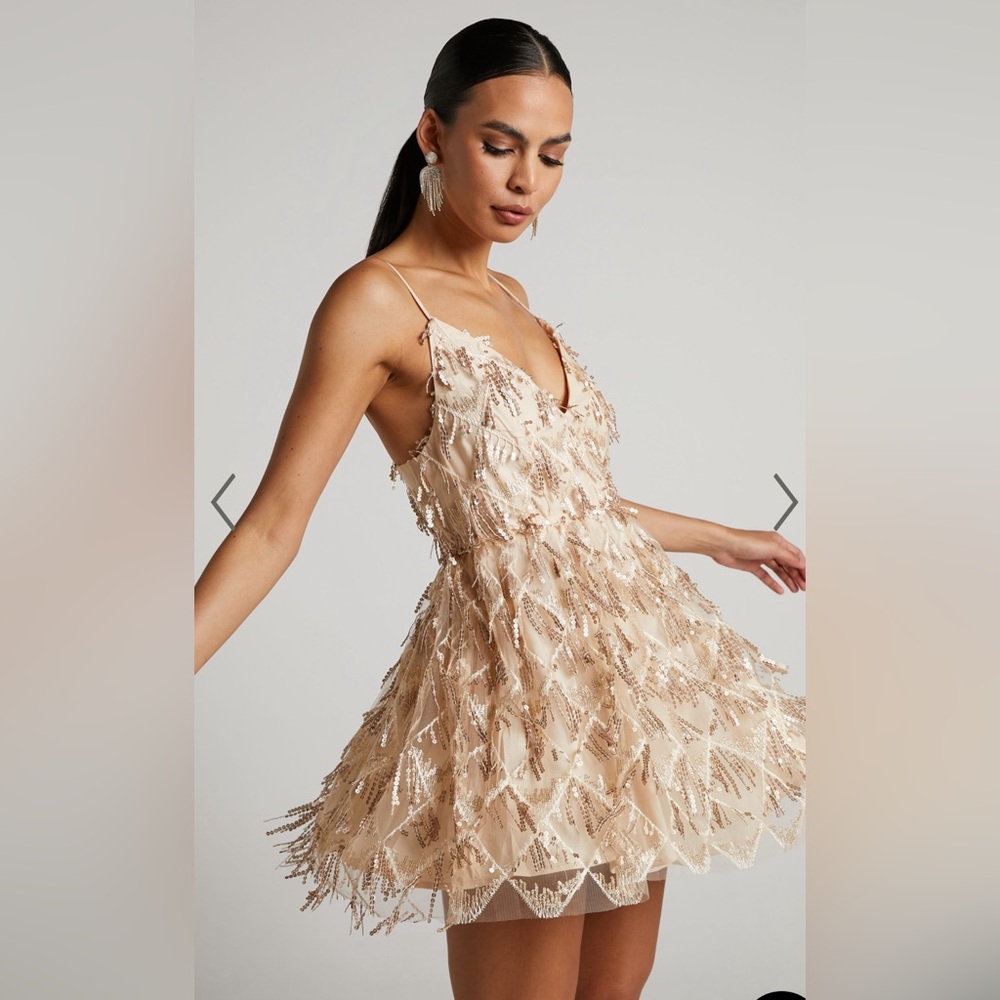 NWT KHRIZZA MINI DRESS SEQUIN GATHERED DRESS IN GOLD (Fearless Eras Tour Outfit)